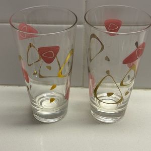 Pair of mid century modern atomic orbs pink & gold drinking glasses